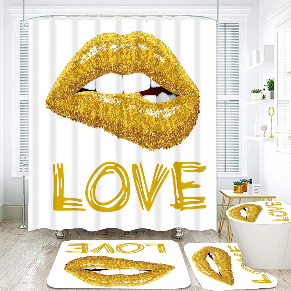 

Love Print Shower Curtain Golden Lips Girl Bathroom Partition Waterproof Bath Curtains Toilet Bathtub Mat Set Home Decoration W60H190(CM)-1 Pcs