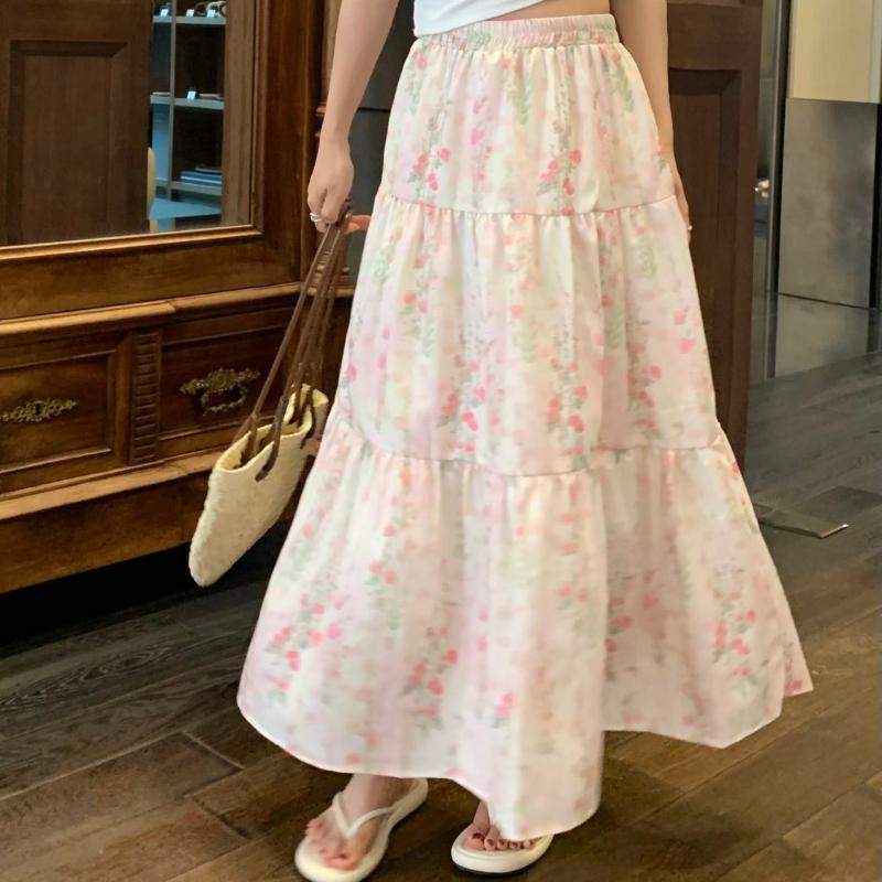 Francouzská růžová midi sukně s květinovým vzorem pro ženy s vysokým pasem a zeštíhlujícím efektem Univerzální a niche temperament V létě Dlouhá sukně