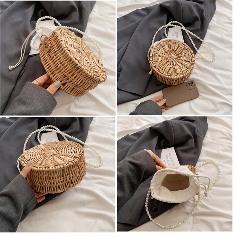Handwoven Women's Bag Round Bag Shoulder Bag Crossbody Pearl String Design Vine Weaving Luxury Beach Phone Wallet Travel New