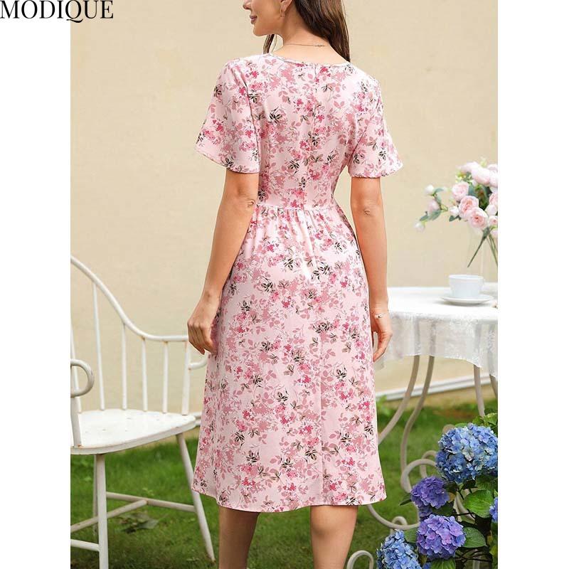 MODIQUE 2025 Summer New Women's Elegant Floral Print Belt Pleated Flounce Long Dress Ladies Casual A-Line Short Sleeve V-Neck Dress