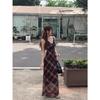 New Design Mesh Dress Women's Summer Spice Girl Waist Retro Plaid Suspender Skirt A-word Long Dress Ins