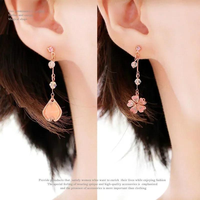 Forest Enamel Asymmetrical Cherry Blossom Earrings Fashionable and Elegant Girl Flower Earrings 925 Silver Needles Jewelry Gift