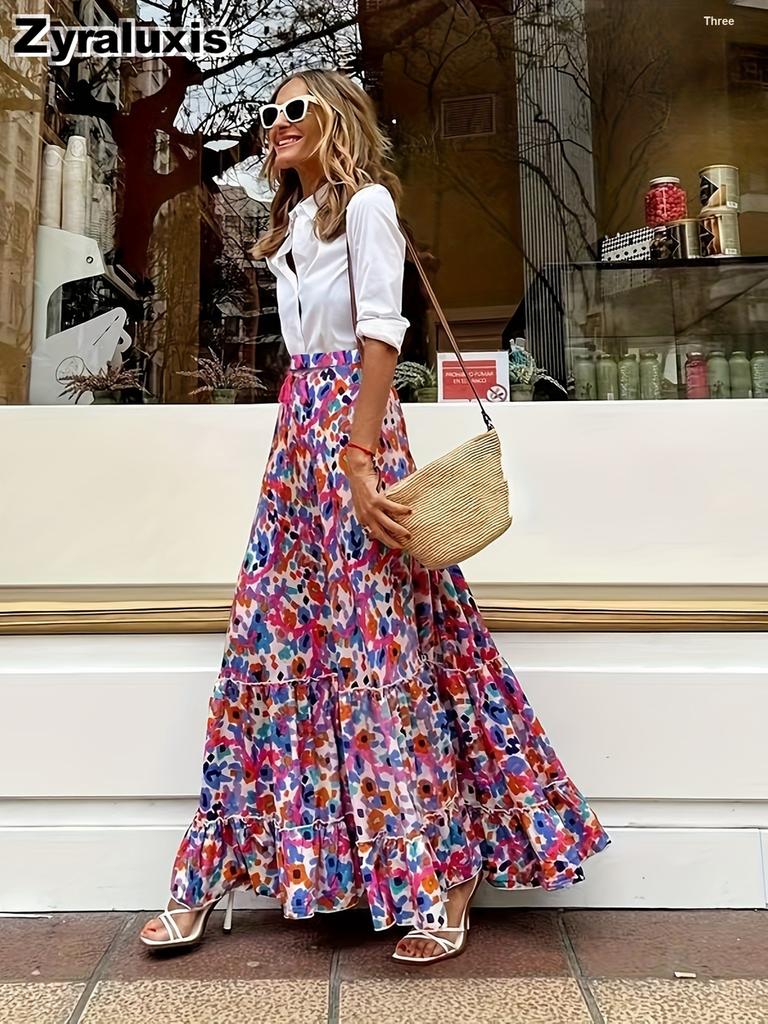 Floral Print Midi Skirt Women Summer Casual Vacation Maxi Dress