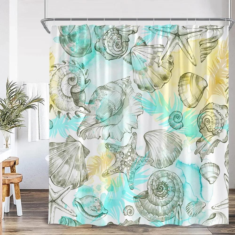 Nautical Cartoon Shower Curtain Tropical Fish Starfish Shell Seaweed Coral Underwater Bathroom Decoration Polyester Bath Curtain