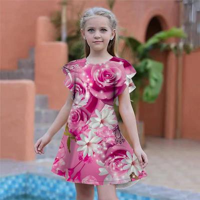 Vestito da festa per bambine con stampa di rose rosa, ampio e largo, gonna a maniche corte per bambine di età superiore ai quattro anni