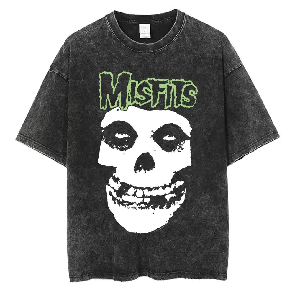 2026 Maglietta Vintage Lavata Hardcore Punk Misfits Grafica Scheletro Horror Magliette Oversize Casual Moda Uomo Donna