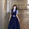British College Style 2026 Summer Patchwork Waist-Cinched Polo Collar Long Dress for Women