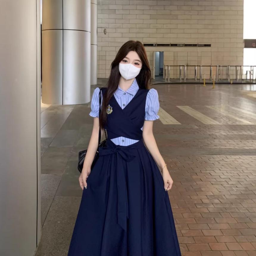 British College Style 2026 Summer Patchwork Waist-Cinched Polo Collar Long Dress for Women