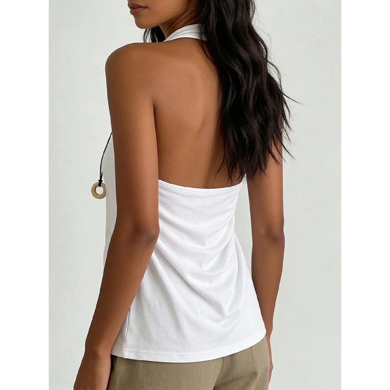 Summer Solid Color Halter Neck Tank Top with Open Back and V-Neck for Women