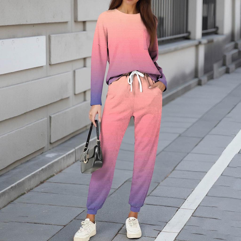 Sets für Damen 2-teilig Rundhals Langarmshirts Bedruckte Jogginghosen Taschensets