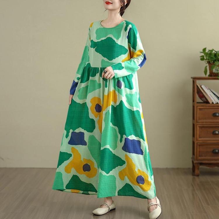 New Vintage Floral Maxi Dress Women Plus Size Spring Long Sleeve Loose Oversize Basic Long Dress
