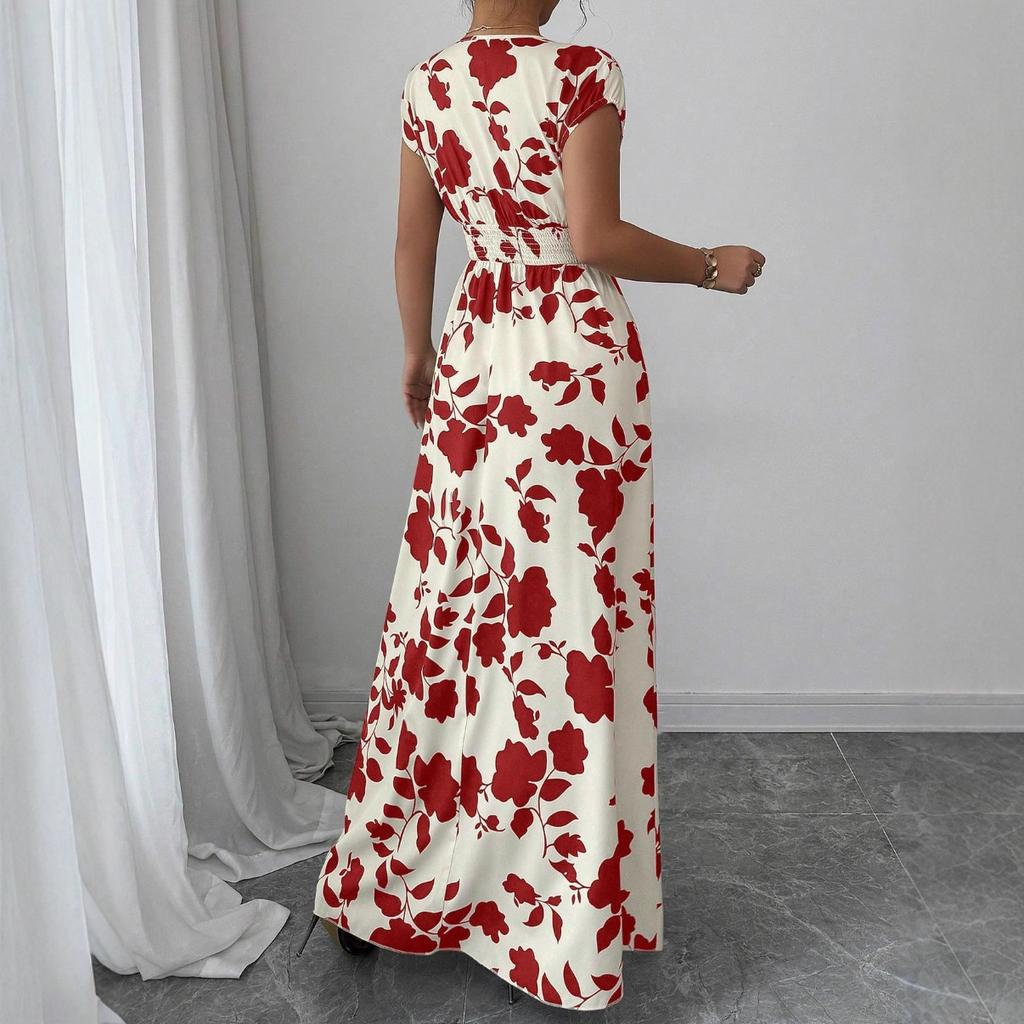 Short-sleeved dress, new printed V-neck long dress, European and American summer waist women's clothing