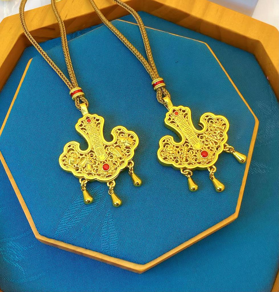Golden Ruyi Lock Pendant: Chinese National Trend Style, Sand Gold Finish Necklace.