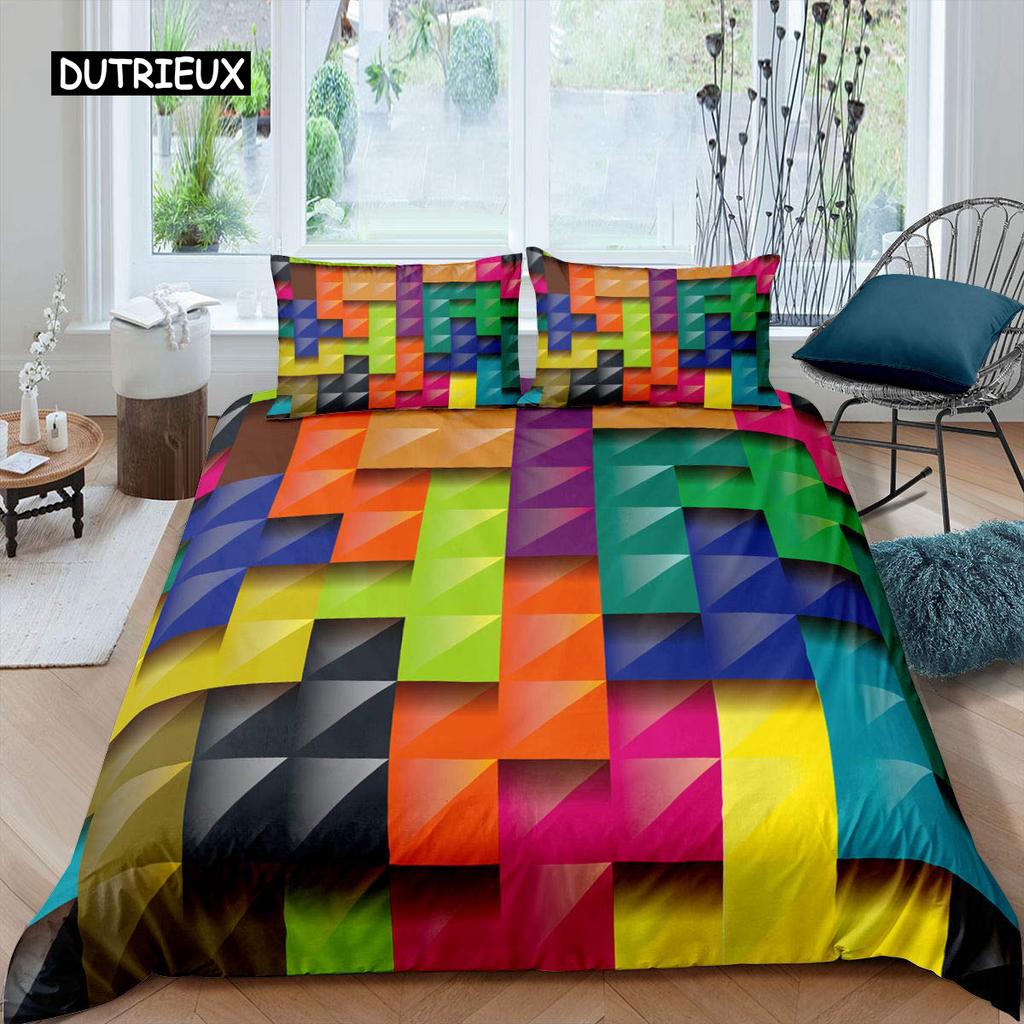 Red Glowing Polygonal Grid Pattern Bedding Set, 135×200 Duvet Cover Set With Pillowcase, 260×220 Quilt CoverBlack Blanket Cover