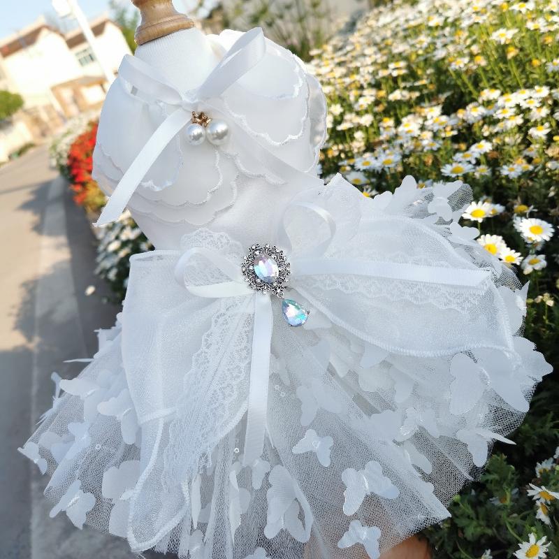 Pure White Wedding Dresses For Small Medium Dogs Puppy Outdoor Coats Fashion Handmade Lace Crystal Bow Dress Pet Dog Clothes