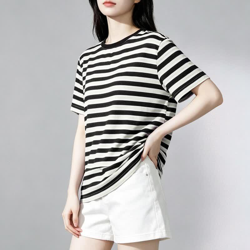 Women's 100% Mulberry Silk Striped Short-Sleeve T-Shirt