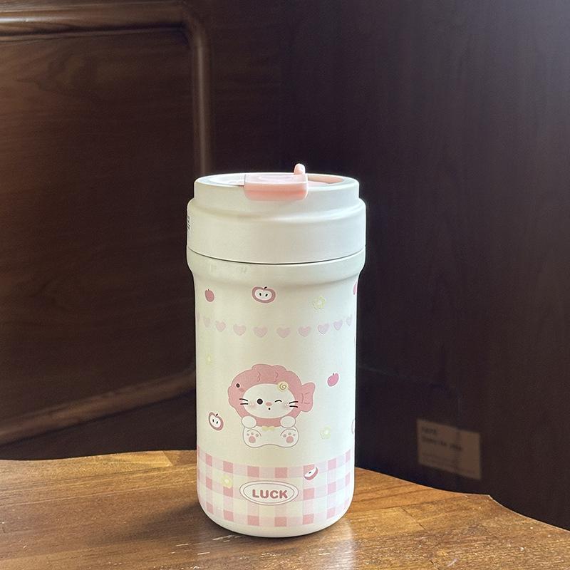 Cute Double Drink Thermos Water Bottle For Girls Straw Tumbler Cup 316 Stainless Steel Hot and Cold Coffee Thermal Mug 500/600ML
