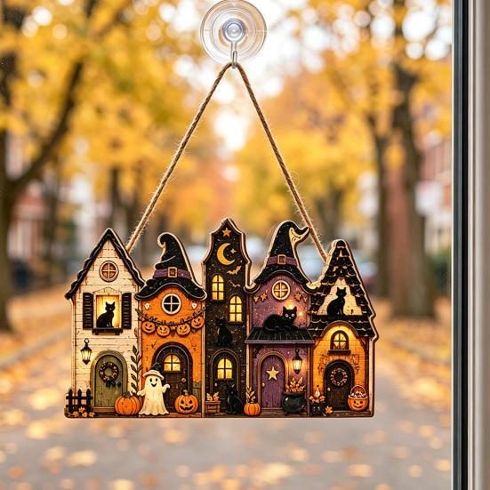 Farmhouse Style Halloween Decor Wooden House Hanging Pendant with Hemp Rope for Wall Door Ornament Windows Decoration, Haunted Castle Ornaments