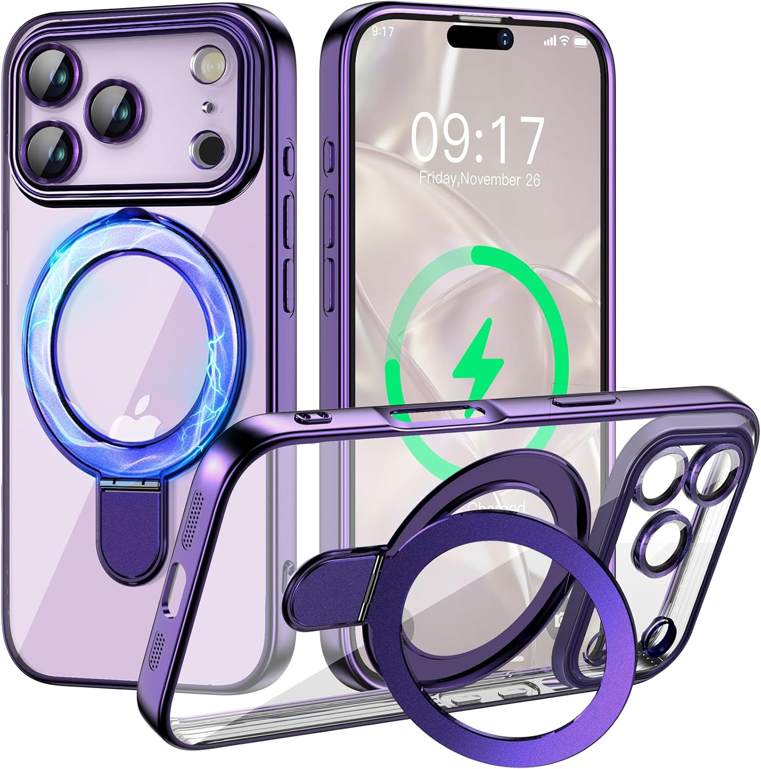 

Clear Slim Soft Magnetic Case for iPhone 17 16 15 14 13 12 11 Pro Max Case with Invisible Stand Full Camera Lens Protector Shockproof Drop Protection iPhone 13 фіолетовий