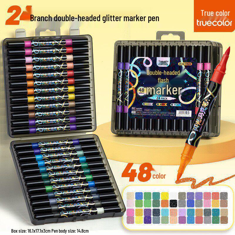 True Color Sparkle Glitter Pen: Double-Ended, Soft Tip, Two-Color, Fluorescent Watercolor Marker for Art Students