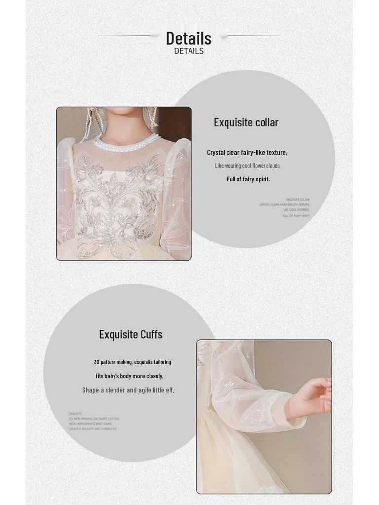 Children's High-End White Sequin Princess Dress - Short Front, Long Back, Perfect for Piano Performances, Weddings, and Autumn Flower Girl Events