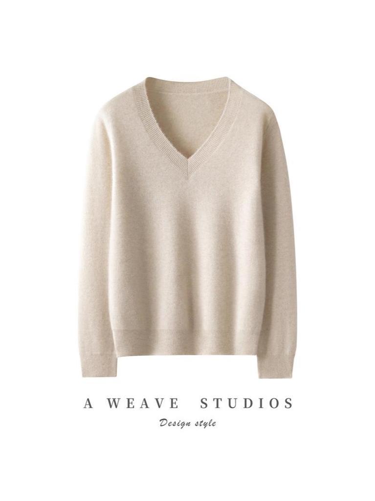 2025 Autumn/Winter Women's Cashmere V-Neck Sweater - Seven-Gauge, Long Sleeve, Loose Fit, Casual Base Layer