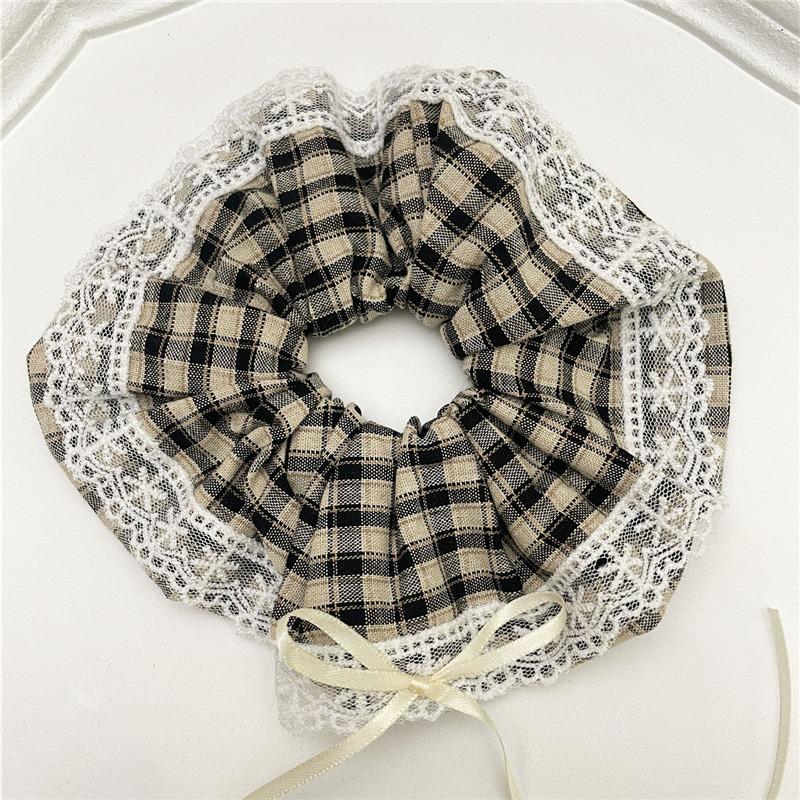 Elegant French Plaid Lace Bow Hair Scarf with Elastic Band