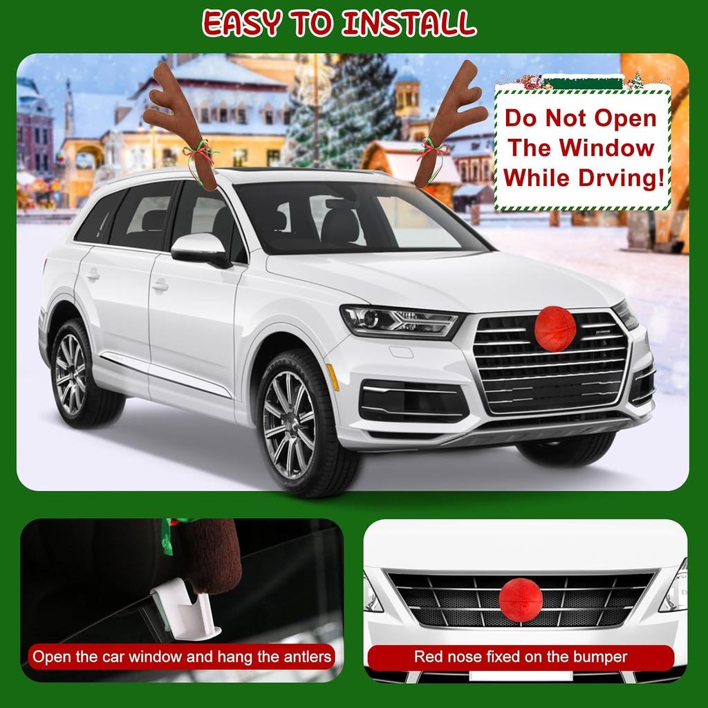 Car Reindeer Antler Kit Nose, Car Reindeer Antlers Christmas For Car Window Roof-Top & Front Grille, Auto Reindeer Antler And Nose Kit Decoration Set