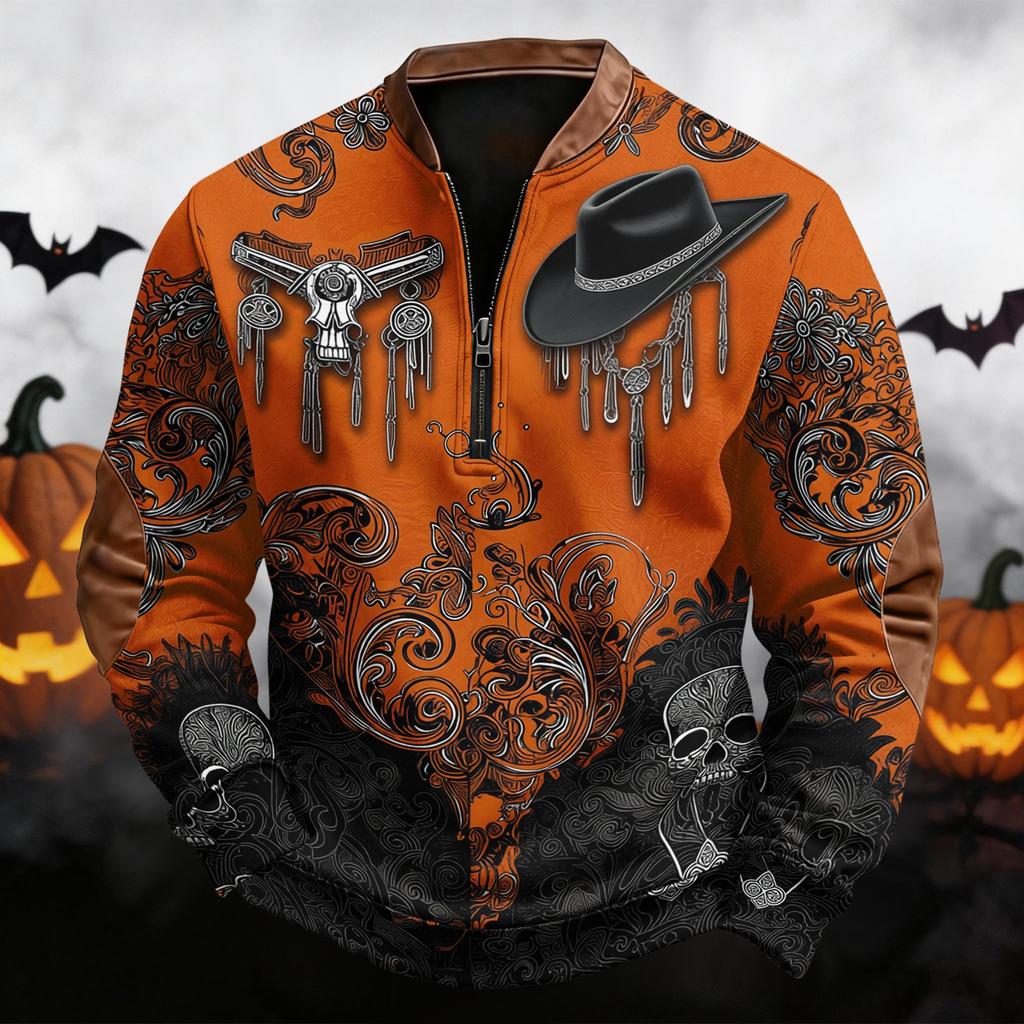 Men's Casual Retro Half Zip Long Sleeve Sweatshirt with Halloween Print