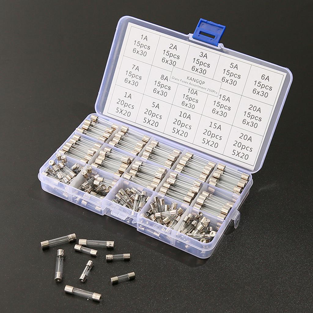 Convenient Glass Tube Set 250pcs Glass Tubes Slow Glass Fuses Glass Tubes with Storage Box Protect Your Electronics