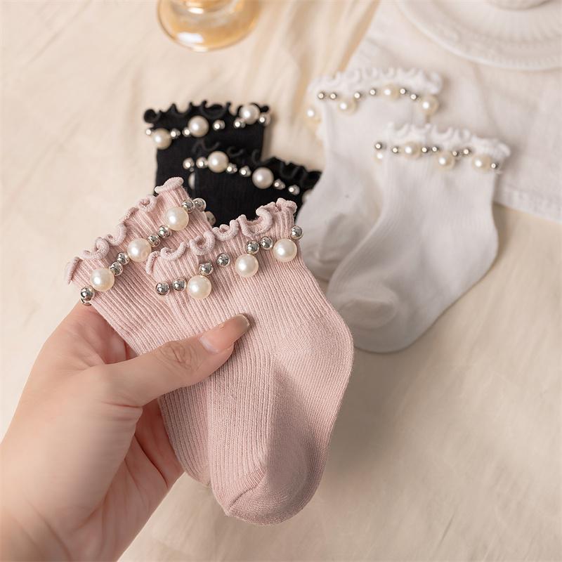 3Pairs/Lot Baby Girls Pearl Socks Spring Autumn Princess Kids Cute Socks Toddler Soft Cotton Lace Short Tube Sock For 0-7Years
