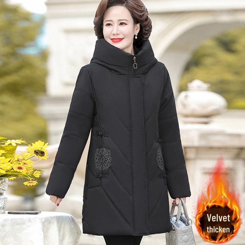Red Mid-Length Winter Jacket for Middle-Aged and Elderly Women - Thick, Cotton-Padded, Suitable for Spring and Autumn
