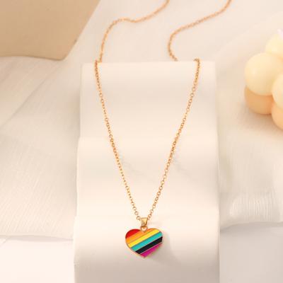 Colar Feminino Coração Liso Listrado Pingente Arco-Íris Comprimento Ajustável Liga Inoxidável Gargantilha Colar Pescoço Decoração Jóias Presente de Aniversário