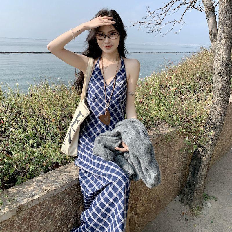 Retro Plaid Halter Women Spring New Collection Waist-cinching Fashionable Long Strap Dress