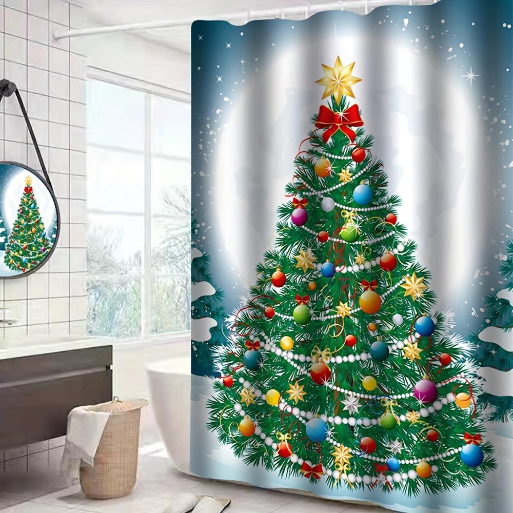 4-teiliger Weihnachtsbaum-Duschvorhang mit 12 Haken und rutschfestem Badezimmerteppich, Badezimmer-Dekor-Set mit Toilettendeckel-Abdeckpolster und U-förmiger Matte