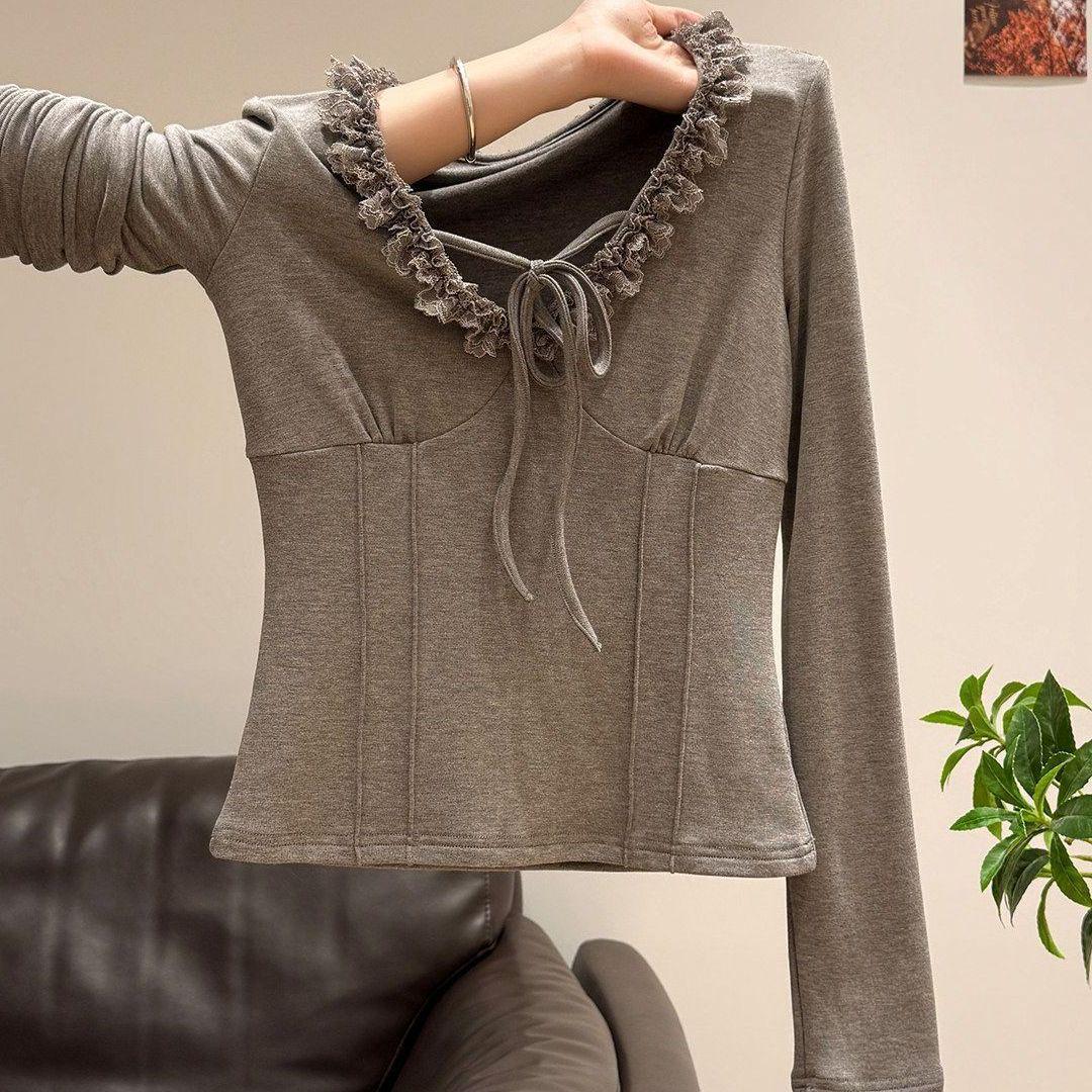 Korean V-neck Lace Trim Lace-up Thermal Long-Sleeve Slim Fit Top for Women - Autumn/Winter S