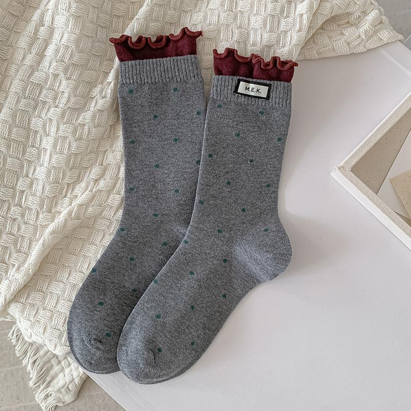Womens Polka Dot Mid Crew Socks Ballet Style Delicate Lace Edging and Ruffle Trim Fashion Woven Label Simple Design Socks