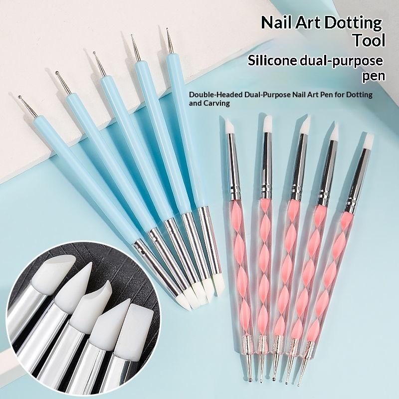 5Pcs Marbleizing Painting Pens 2 Way Nail Art Acrylic Silicone Point Flower Nail Pen Stainless Steel Dotting Tools
