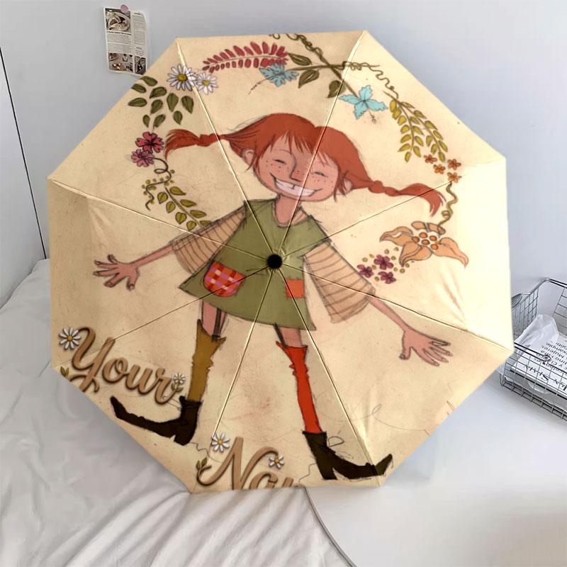 1 PC Automatic Folding Umbrella - Pippi Longstocking Custom Name Pattern, Portable & Foldable Design with 8 Ribs, Christmas Birthday Gifts