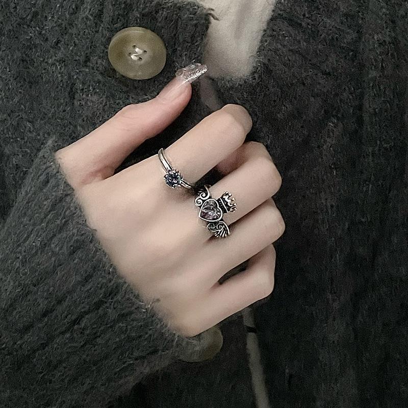 Niche Design Retro Personality Imitation Thai Silver Wings Crown Stacked Wearing High-End Punk Open Ring Woman