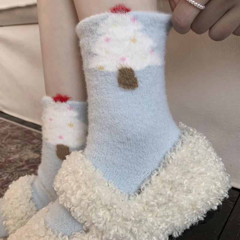 Blaue Schneemann Plüschsocken Mittelhohe Socken Plüsch Verdickte Plüschsocken Niedliche Cartoon Schlaf-Socken