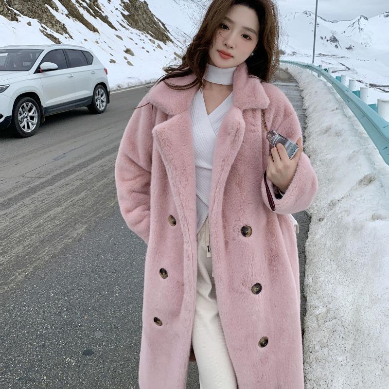 Winter Warm Thick Faux Fur Coat Women Long Trench Jacket Faux Mink Fur Collar Eco Friendly Outerwear