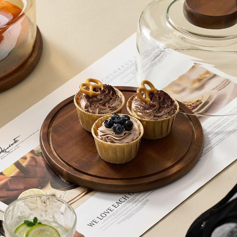 Simple Acacia Wood Round Cake Tray Transparent Display Dessert Bread Plate Home Living Room Glass Cover Snack Fruit Plate Decor