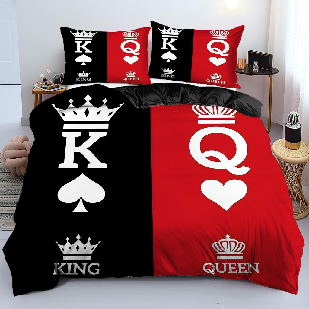 King Queen'S Crown 3D Print Quilt Cover Black Red Color Match Couple Style Bedding Set Home Soft Textiles Duvet Cover Pillowcase