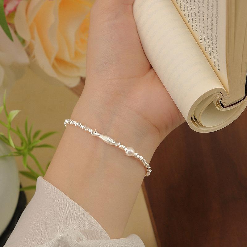 Women S925 Silver Plated Little Fish Pearl Delicate Bracelet Jewelry серебряный