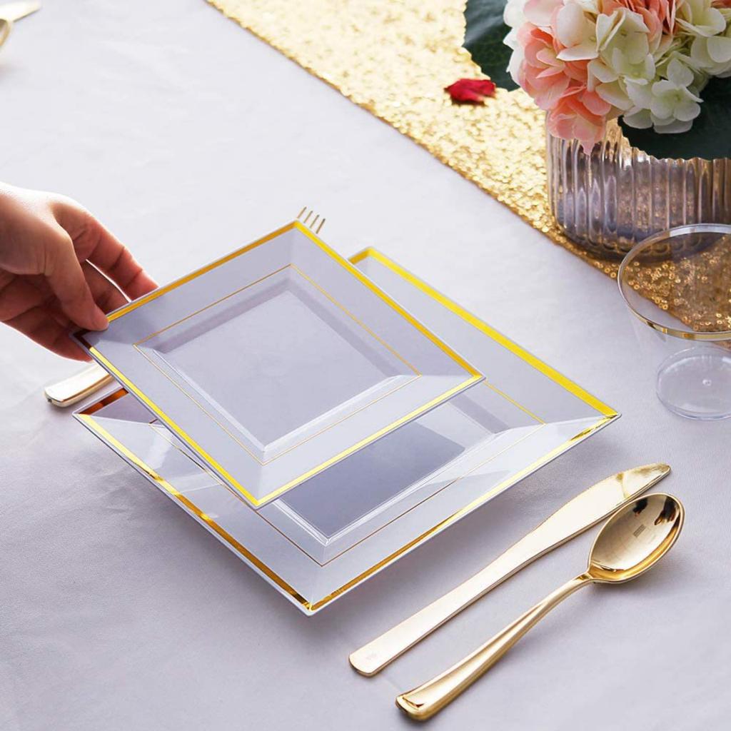 Square Plate Western Food Plate Square Gold Stamped Hard Plastic Plate  Edge Square Plate