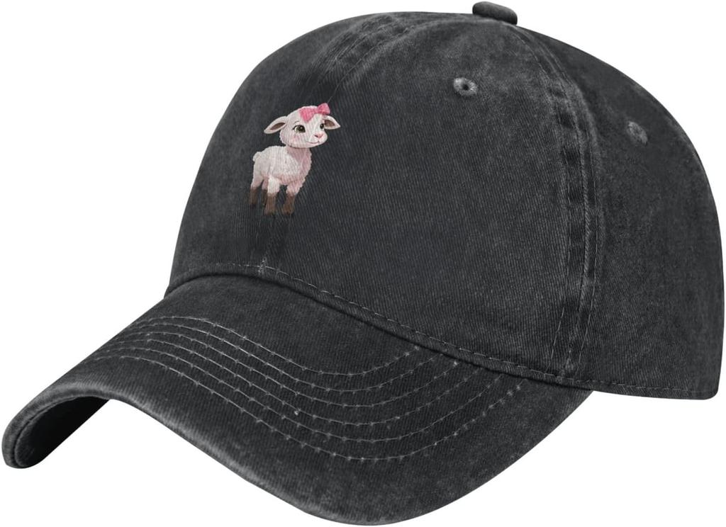 Pink Bow Lamb Embroidered Baseball Cap Washed Denim Casual Adjustable Cotton Hat Unisex