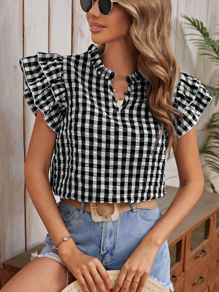 Summer Tops Double Layer Ruffled Hem Cute Sweet Girls' Dresses Check Short Sleeve