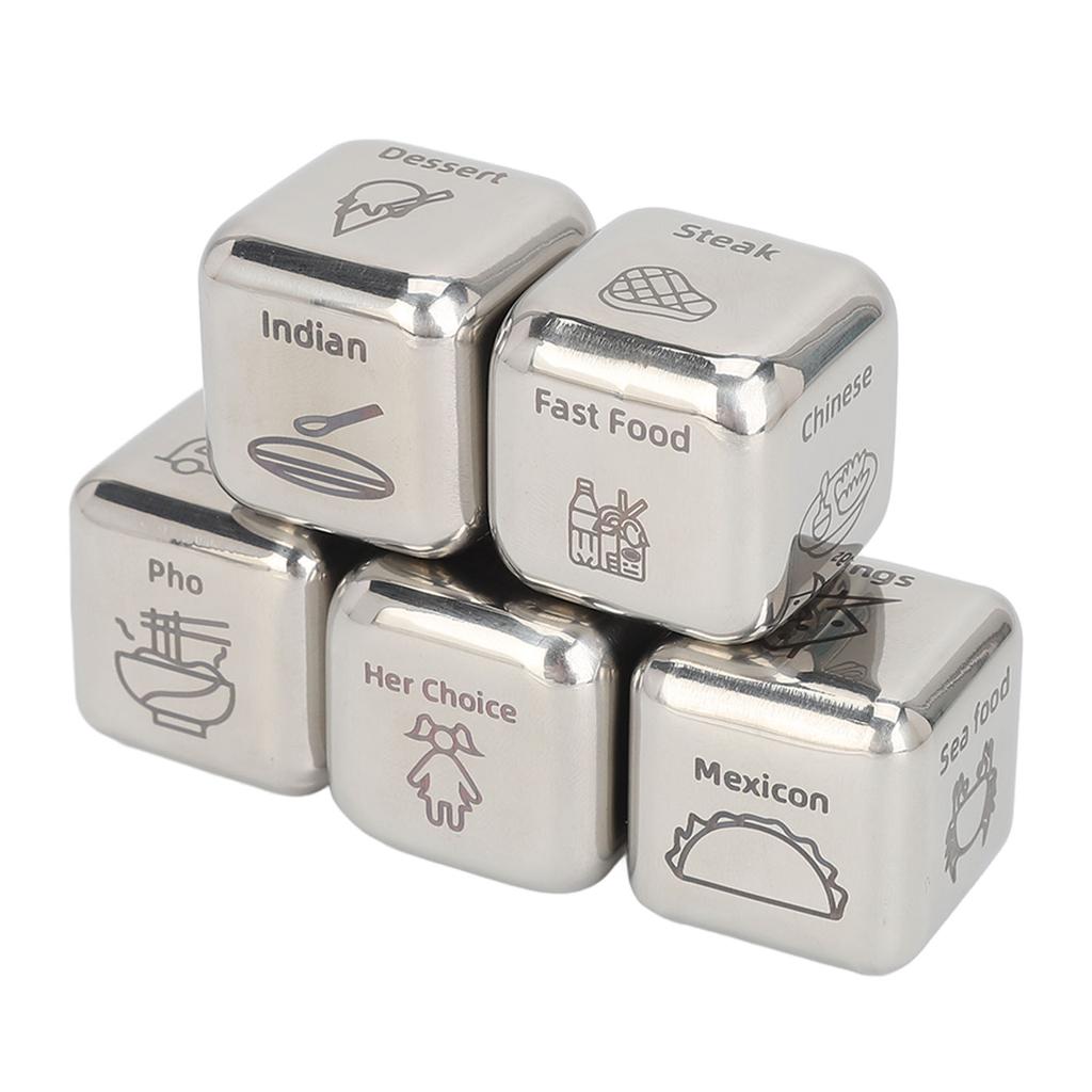 5 peças de dados de jantar engraçados de aço inoxidável portátil comida decisão dados para aniversário dos namorados