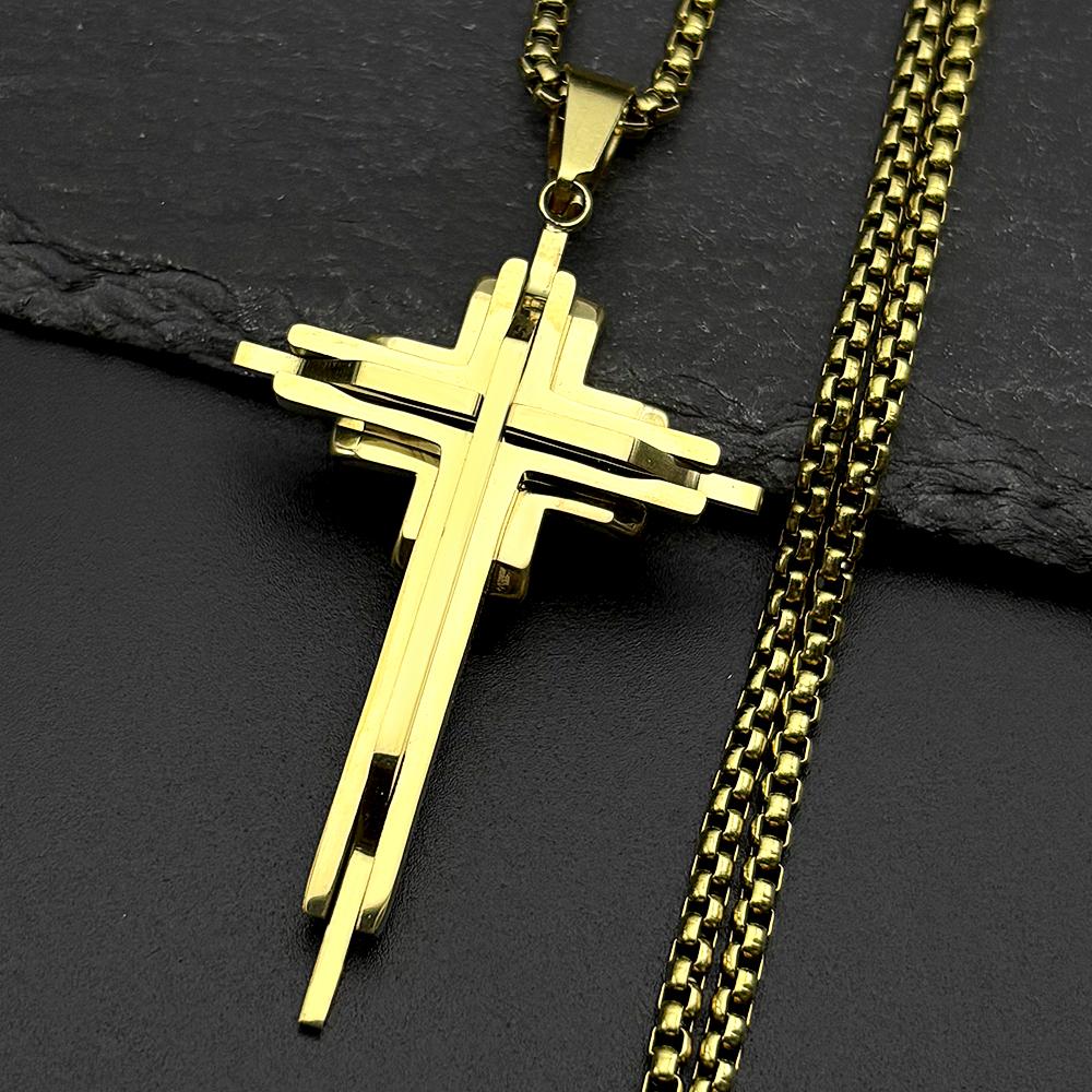 Stainless Steel Multi-layer Jesus Cross Pendant Necklaces for Men Women Gold Silver Color Hip Hop Crucifix Chain Amulet Jewelry